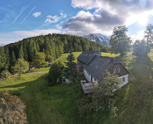 Drone photo of old farmhous in Lackenhof Austria